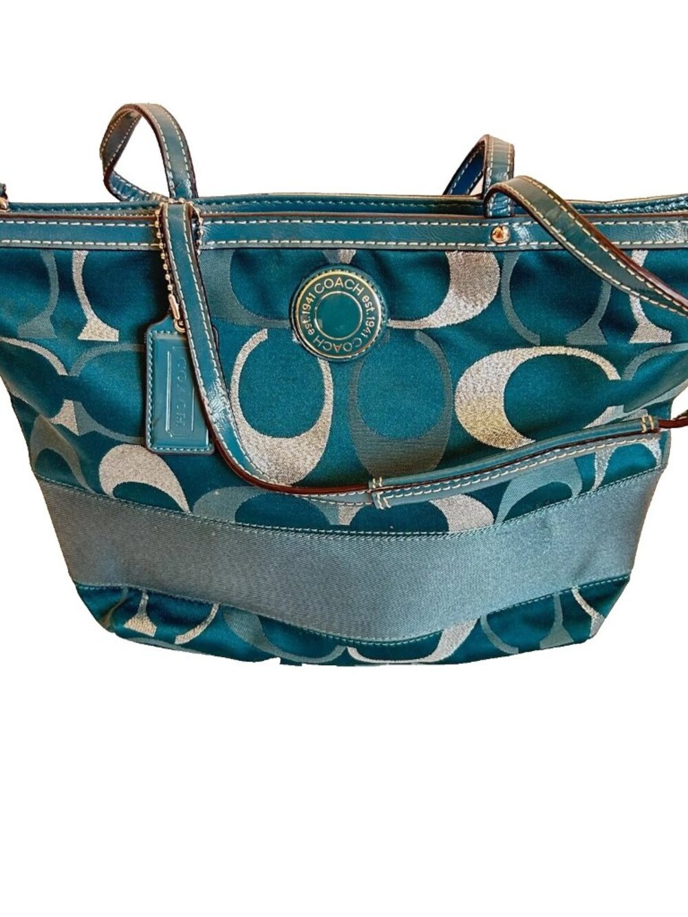 Coach 20429 Signature 3 Color Teal Metallic File/Messenger Tote Bag